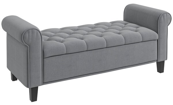HOMCOM Bancuta Hol Banca Pat Matrimonial cu Depozitare si Cotiere Rulate, 126x48.5x57 cm, Banca Pat Gri | Aosom Romania