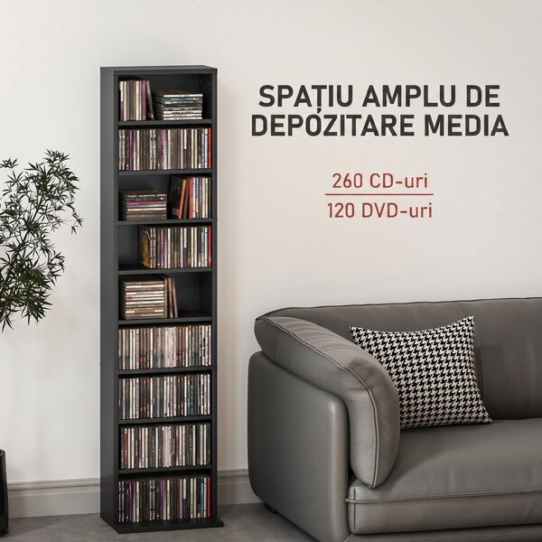 HOMCOM Raft Port CD cu 6 Rafturi Reglabile pentru 260 CD-uri/120 DVD-uri Negru | Aosom Romania