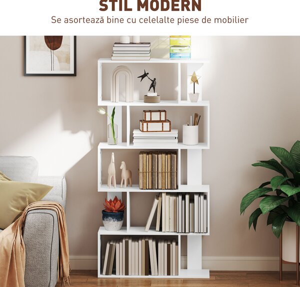 HOMCOM Bibliotecă Asimetrică în Formă de S cu 5 Niveluri și 10 Rafturi Deschise, 80x24x159 cm, Alb | Aosom Romania