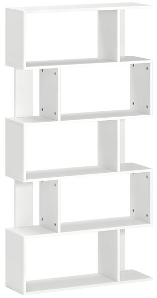 HOMCOM Bibliotecă Asimetrică în Formă de S cu 5 Niveluri și 10 Rafturi Deschise, 80x24x159 cm, Alb | Aosom Romania