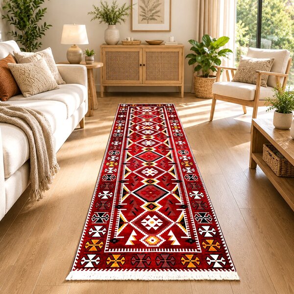 Traversa hol antiderapanta, 80x300 cm, Model Boho Rosu, TRV2312