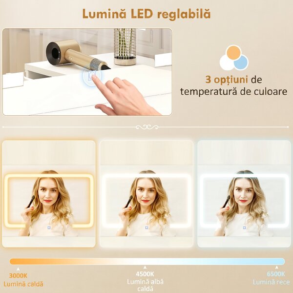 HOMCOM Stație de Machiaj cu Lumini LED, 3 Culori, Luminozitate Reglabilă, Toaletă Convertibilă cu Prize Electrice, 6 Sertare Soft Close, Oglindă, Rafturi Deschise, pentru Dormitor, Alb | Aosom Romania