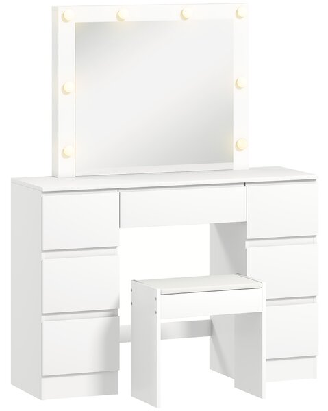 HOMCOM Masă de Machiaj cu Oglindă, 8 Lumini LED, Scaun și 7 Sertare Alb | Aosom Romania
