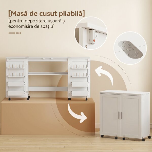 HOMCOM Masă de Cusut Pliabilă cu Roți cu Blocare, Rafturi și 20 de Suporturi | Aosom Romania