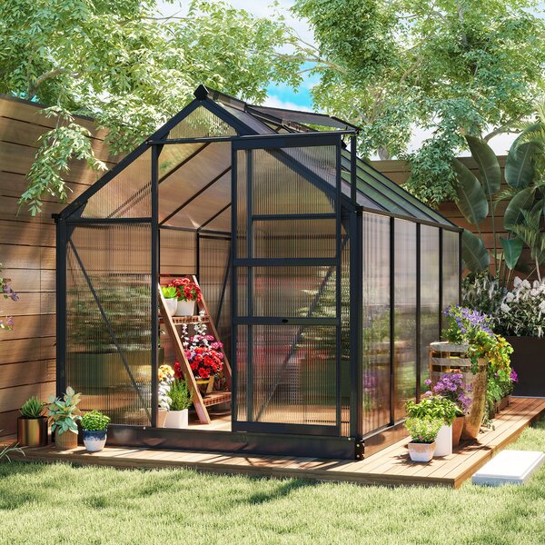 Outsunny Seră de Grădină, Seră din Policarbonat și Aluminiu cu Ușă Culisantă, Ventilație pe Acoperiș și Jgheab, 190x192x201 cm, Gri | Aosom Romania