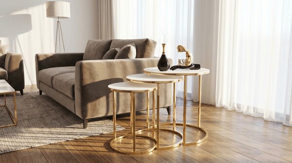 Set Mese de Cafea Rotunde – Design Elegant cu Blat din Sticlă și Structură Metalică Alb- Aur
