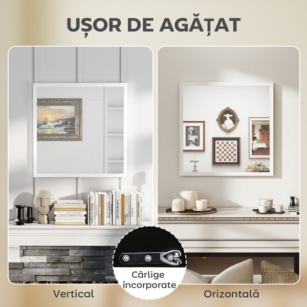 HOMCOM Oglindă de Perete Pătrată cu Cârlige, Oglindă din Sticlă și MDF, 50x50 cm, Albă | Aosom Romania