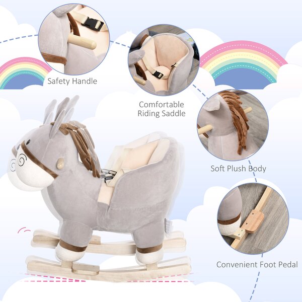HOMCOM balansoar magarus, leagan cu sunete, jucarie moale pentru copii 61x34x58 cm gri | AOSOM RO