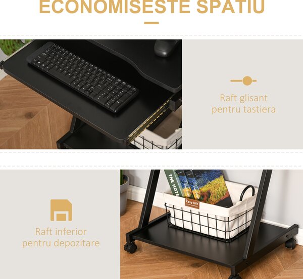 Birou cu suport pentru PC si tastatura, cu 4 roti, negru 60x48x73cm HOMCOM | Aosom RO