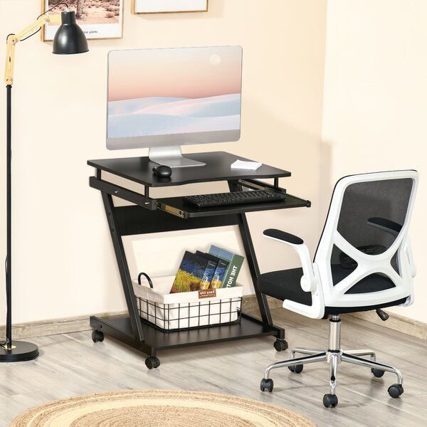 Birou cu suport pentru PC si tastatura, cu 4 roti, negru 60x48x73cm HOMCOM | Aosom RO