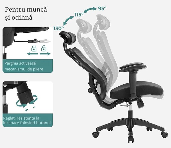 Scaun de birou cu tetieră MAGNUS, max. 150 kg, negru SongmicsHome