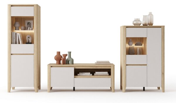 Set de living Talduno 108, Cașmir, Stejar deschis, PAL laminat, Sticlă călită