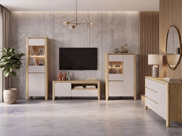 Set de living Talduno 108, Cașmir, Stejar deschis, PAL laminat, Sticlă călită