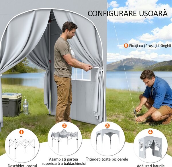 Outsunny Gazebo Pliabil 2 x 2 m, Pavilion de Grădină Portabil UPF50+ cu 4 Pereți Laterali, Înălțime Reglabilă, Geantă de Transport pentru Petreceri, Evenimente, Camping, Gri Deschis | Aosom Romania