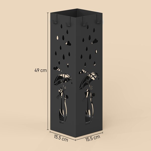HOMCOM Suport de Umbrele Pătrat din Metal pentru Intrare, Suport Autoportant cu Tavă Detașabilă și 4 Cârlige, pentru Interior și Exterior, 15.5x15.5x49 cm, Negru | Aosom Romania