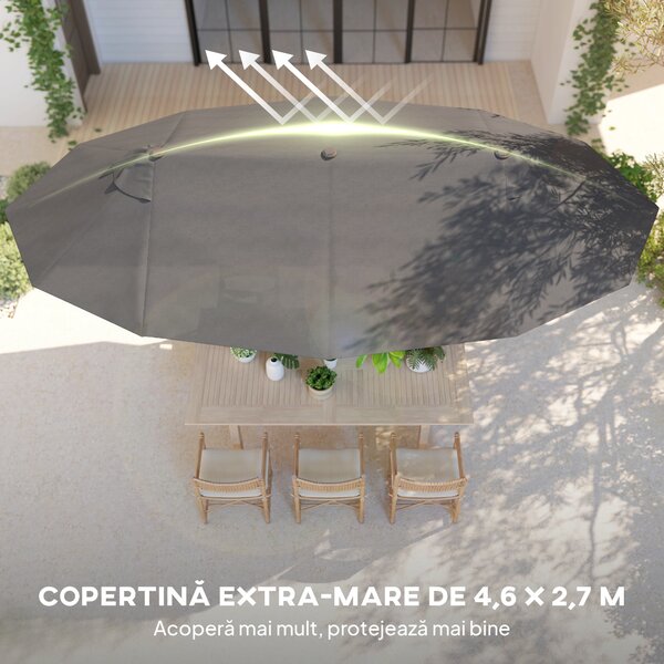 Outsunny Umbrelă Dublă pentru Grădină 455x265x238 cm, Parasolar Mare cu Manivelă Manuală, Rezistentă la Apă, Protecție Solară Gri | Aosom Romania
