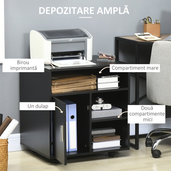 HOMCOM Suport de imprimantă organizator birou dulap ușă 3 nișe + blat mare panouri particule negru | Aosom Romania