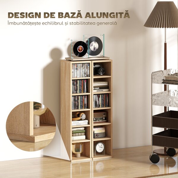 HOMCOM Set de 2 Rafturi pentru CD-uri cu Polițe Reglabile, Capacitate 204 CD-uri, Design Compact, 21x22,5x88,5 cm, Stejar | Aosom Romania
