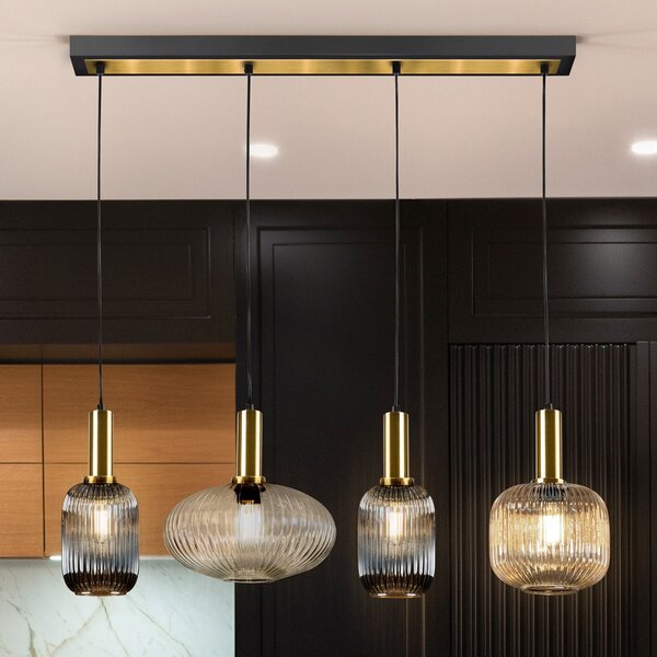 Schuller Valencia Lampă suspendată Norma, 98 cm, 4 becuri, negru/zahăr, sticlă, reglabil, Multicolor, Camera de zi / sufragerie, Metal