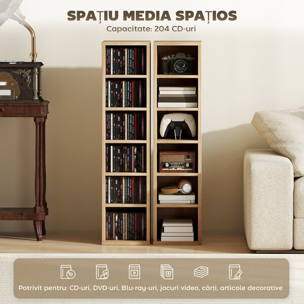 HOMCOM Set de 2 Rafturi pentru CD-uri cu Polițe Reglabile, Capacitate 204 CD-uri, Design Compact, 21x22,5x88,5 cm, Stejar | Aosom Romania