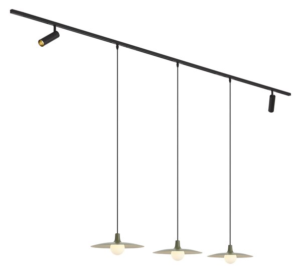 Sistem de iluminat pe șină modern negru cu 2 spoturi și 3 lămpi suspendate verzi monofazate - Slimline Uzzy Panzi