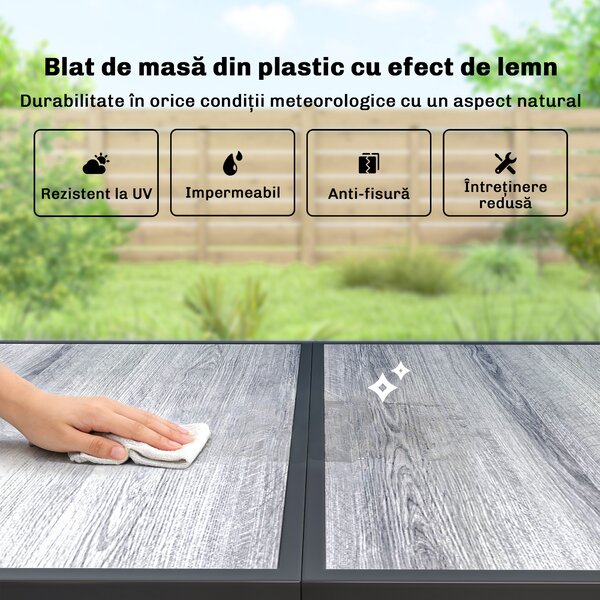 Outsunny Set de Prânz pentru Exterior, 7 Piese pentru 6 Persoane, Masă cu Efect de Lemn și Scaune cu Șezut Respirabil, Set Mobilier de Grădină cu Cadru din Oțel Galvanizat, Negru | Aosom Romania