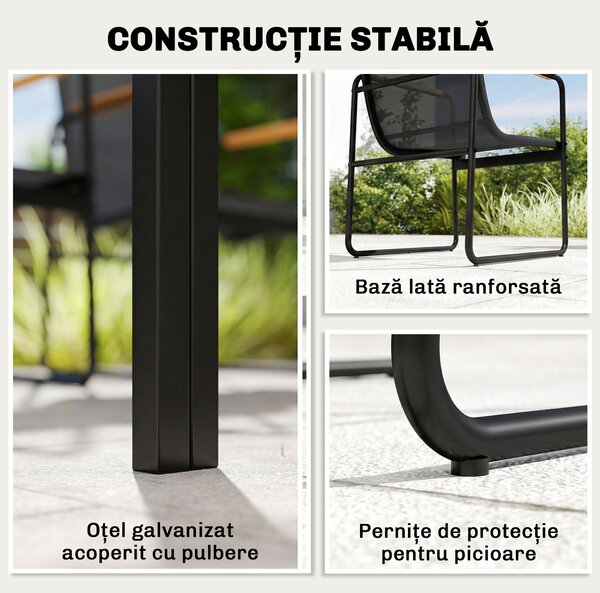 Outsunny Set Masă și Scaune de Grădină 7 Piese, Set Prânz Exterior cu Masă din Sticlă Temperată, 6 Scaune din Texteline Respirabil, Cotiere Decorative, Structură din Oțel pentru Terasă Balcon, Negru | Aosom Romania