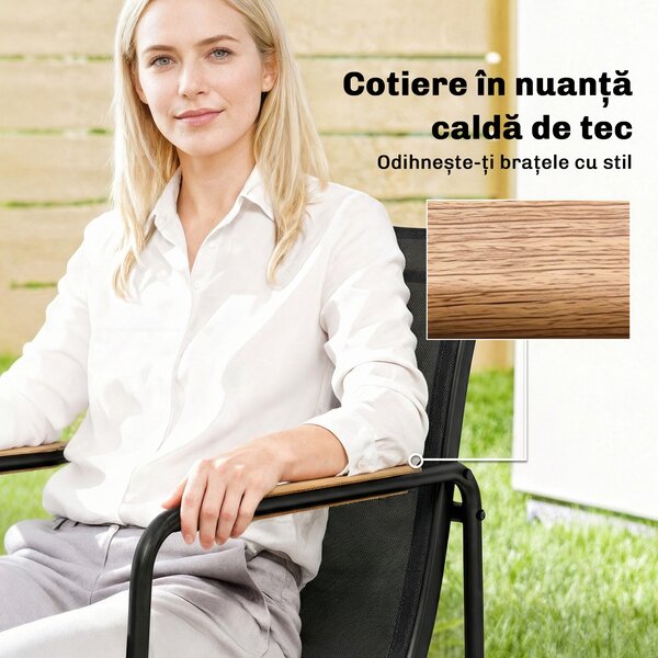Outsunny Set Masă și Scaune de Grădină 7 Piese, Set Prânz Exterior cu Masă din Sticlă Temperată, 6 Scaune din Texteline Respirabil, Cotiere Decorative, Structură din Oțel pentru Terasă Balcon, Negru | Aosom Romania