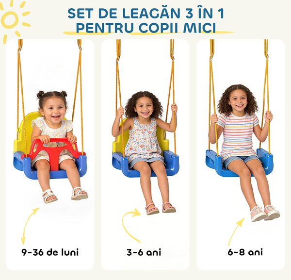 AIYAPLAY Leagăn de Grădină pentru Copii 3-în-1, Leagăn pentru Bebeluși Interior și Exterior, Înălțime Reglabilă, Cadru Pliabil din Oțel, Centură de Siguranță, Ușor de Montat, 9 Luni - 8 Ani, Albastru | Aosom Romania