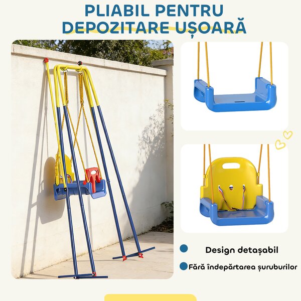 AIYAPLAY Leagăn de Grădină pentru Copii 3-în-1, Leagăn pentru Bebeluși Interior și Exterior, Înălțime Reglabilă, Cadru Pliabil din Oțel, Centură de Siguranță, Ușor de Montat, 9 Luni - 8 Ani, Albastru | Aosom Romania