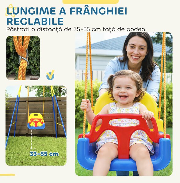 AIYAPLAY Leagăn de Grădină pentru Copii 3-în-1, Leagăn pentru Bebeluși Interior și Exterior, Înălțime Reglabilă, Cadru Pliabil din Oțel, Centură de Siguranță, Ușor de Montat, 9 Luni - 8 Ani, Albastru | Aosom Romania