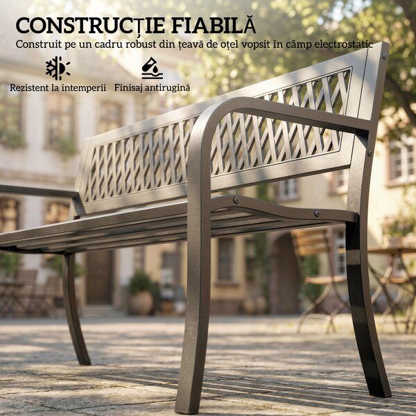 Outsunny Bancă de Grădină pentru Exterior, Bancă de Patio cu Brațe și Șezut cu Lamele, 2 Locuri pentru Grădină, Parc, Balcon, Mobilier Exterior, Negru | Aosom Romania