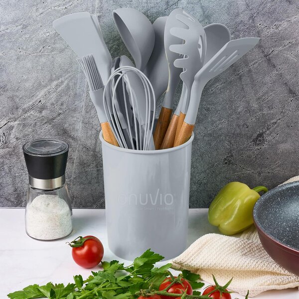 Set ustensile bucatarie 12 piese marime mare xl 1050g, lemn si silicon alimentar, termorezistente, antiaderente, suport blat, onuvio™ daria - gri deschis