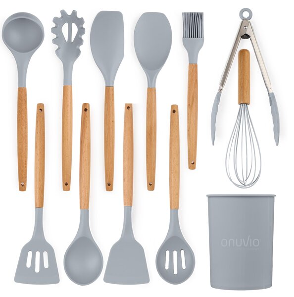 Set ustensile bucatarie 12 piese marime mare xl 1050g, lemn si silicon alimentar, termorezistente, antiaderente, suport blat, onuvio™ daria - gri deschis