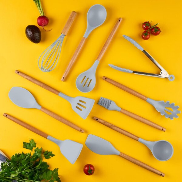 Set ustensile bucatarie 12 piese marime mare xl 1050g, lemn si silicon alimentar, termorezistente, antiaderente, suport blat, onuvio™ daria - gri deschis