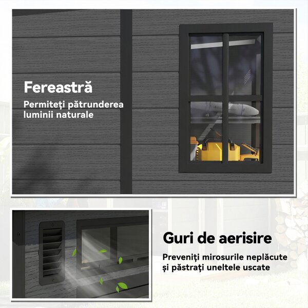 Outsunny Căsuță de Grădină cu 2 Intrări, 3 Ferestre și Guri de Aerisire, din PP și Aluminiu, 182x182x196 cm, Gri Închis | Aosom Romania