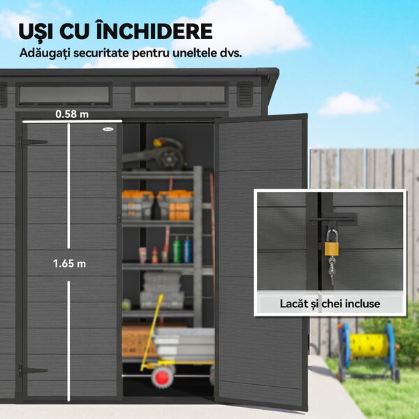 Outsunny Căsuță de Grădină cu 2 Intrări, 3 Ferestre și Guri de Aerisire, din PP și Aluminiu, 182x182x196 cm, Gri Închis | Aosom Romania