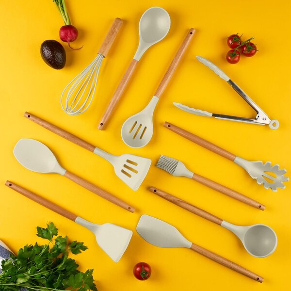 Set ustensile bucatarie 12 piese marime mare xl 1050g, lemn si silicon alimentar, termorezistente, antiaderente, suport blat, onuvio™ daria - kakhi