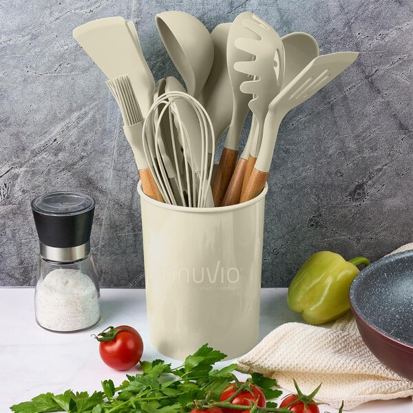Set ustensile bucatarie 12 piese marime mare xl 1050g, lemn si silicon alimentar, termorezistente, antiaderente, suport blat, onuvio™ daria - kakhi