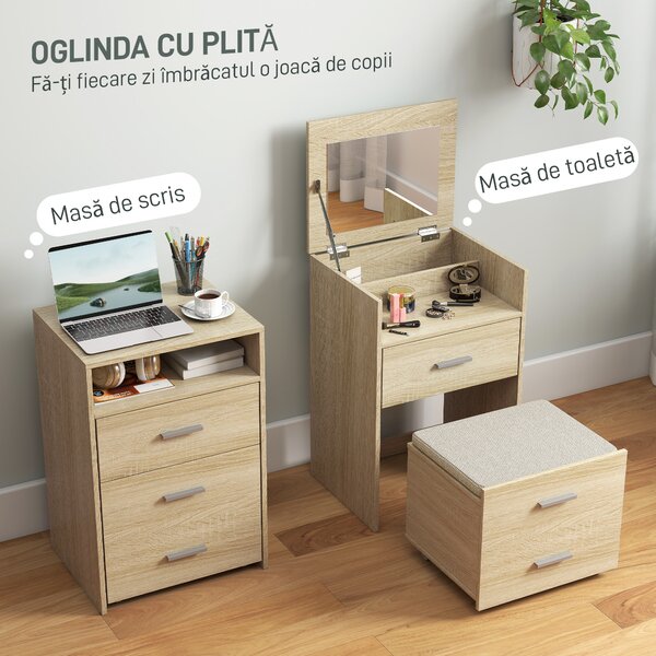 HOMCOM Masă de Toaletă cu Oglindă Rabatabilă, Natural | Aosom Romania