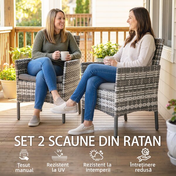 Outsunny Set de 2 Scaune de Grădină din Ratan, Scaune de Exterior cu Perne, Cotiere și Spătar Înalt, Cadru din Oțel pentru Verandă, Balcon, Lângă Piscină și Grădină, Gri | Aosom Romania