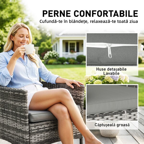 Outsunny Set de 2 Scaune de Grădină din Ratan, Scaune de Exterior cu Perne, Cotiere și Spătar Înalt, Cadru din Oțel pentru Verandă, Balcon, Lângă Piscină și Grădină, Gri | Aosom Romania