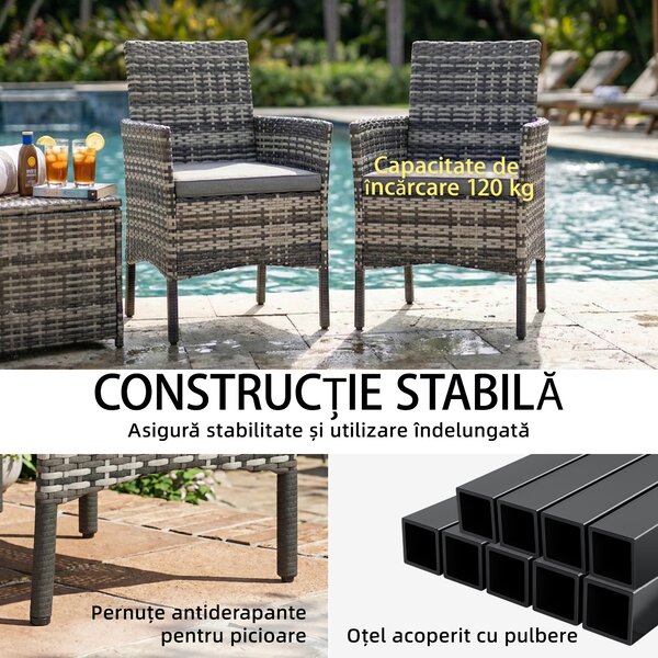 Outsunny Set de 2 Scaune de Grădină din Ratan, Scaune de Exterior cu Perne, Cotiere și Spătar Înalt, Cadru din Oțel pentru Verandă, Balcon, Lângă Piscină și Grădină, Gri | Aosom Romania