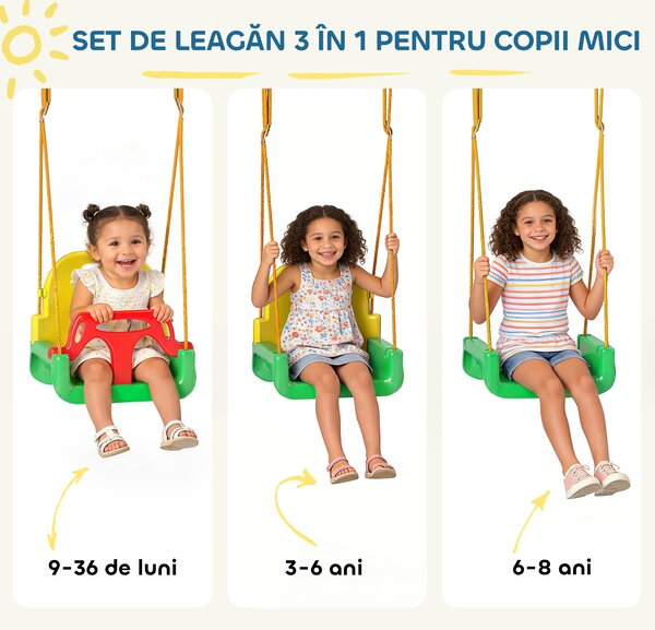 AIYAPLAY Leagăn 3-în-1 pentru Grădină, Leagăn pentru Bebeluși de Interior și Exterior, Înălțime Reglabilă, Cadru Pliabil din Oțel, Centură de Siguranță, Ușor de Montat, 9 Luni-8 Ani, Verde | Aosom Romania