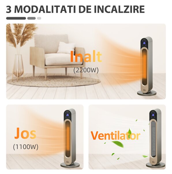 Incalzitor electric oscilant cu 3 moduri de incalzire cu temperatura reglabila si telecomanda, din ABS, Φ25x73,5 cm, argintiu HOMCOM | Aosom RO