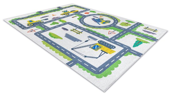 BAMBINO 2338 covor lavabil Excavator, străzi pentru copii anti-alunecare - alb / verde