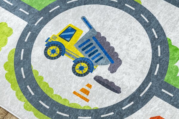 BAMBINO 2338 covor lavabil Excavator, străzi pentru copii anti-alunecare - alb / verde