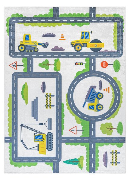 BAMBINO 2338 covor lavabil Excavator, străzi pentru copii anti-alunecare - alb / verde