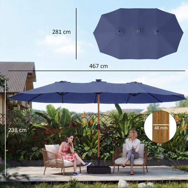 Outsunny Umbrelă Dublă de Grădină 4.7x2.8 m, Umbrelă de Exterior cu Manivelă, Bază Cruce, Saci de Nisip, Husă de Protecție, 12 Spițe, Anti-UV, pentru Terasă și Balcon, Albastru Închis | Aosom Romania