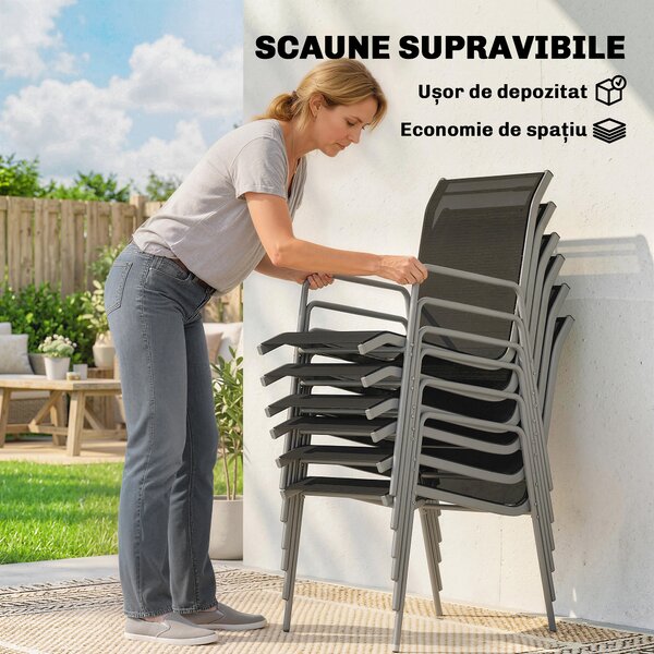 Outsunny Set Grădină 7 Piese: Masă Dreptunghiulară, 6 Scaune Stivuibile | Aosom Romania